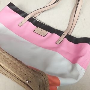 Kate Spade Pink White Orange Leather Colorblock Beach Purse Bag Satchel